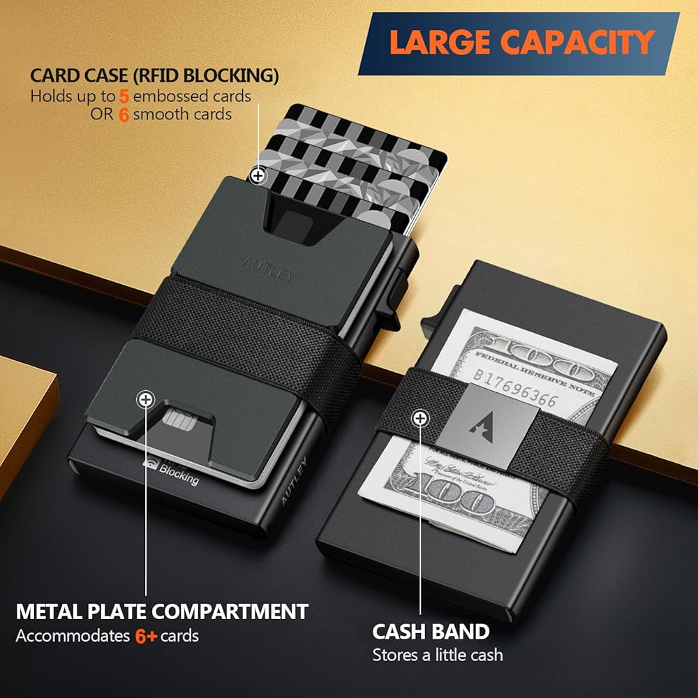 AUTLEY Slim Card Holder, Minimalist Pop Up Wallet for Men, RFID Blocking Mens Wallet with Cash Band 