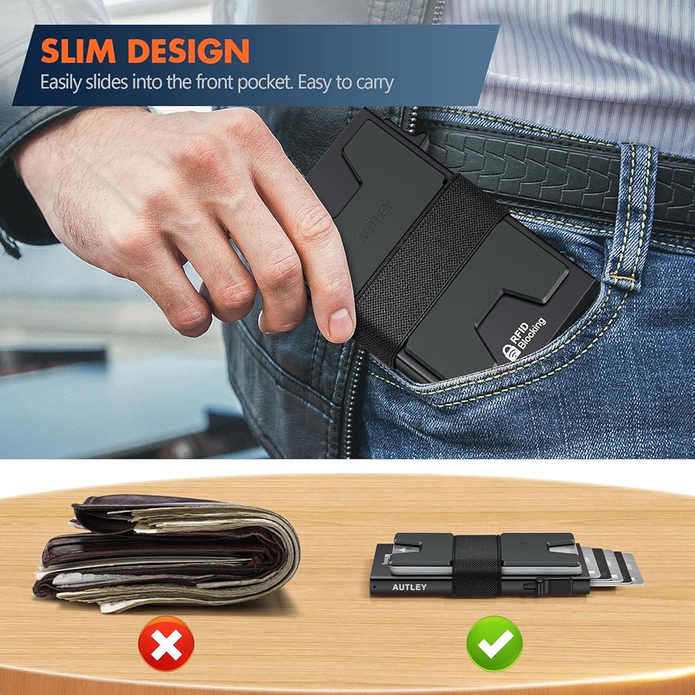 AUTLEY Slim Card Holder, Minimalist Pop Up Wallet for Men, RFID Blocking Mens Wallet with Cash Band 